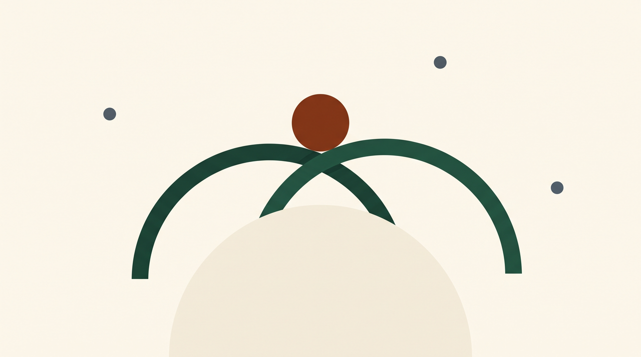 Bauhaus geometric illustration: balancing arches and a small terracotta sphere on cream